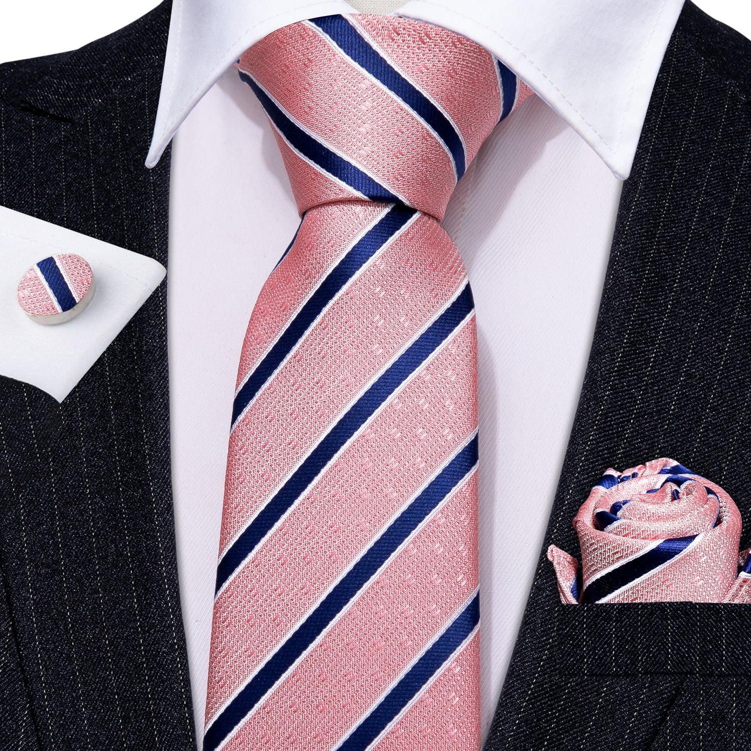 Pink Striped Silk Tie Pocket Square Cufflinks Set - STYLETIE