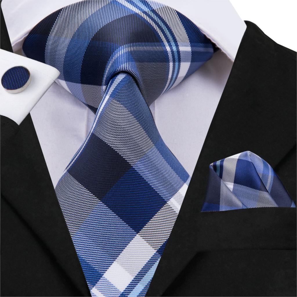 Plaid Blue Silk Tie Pocket Square Cufflink Set - STYLETIE