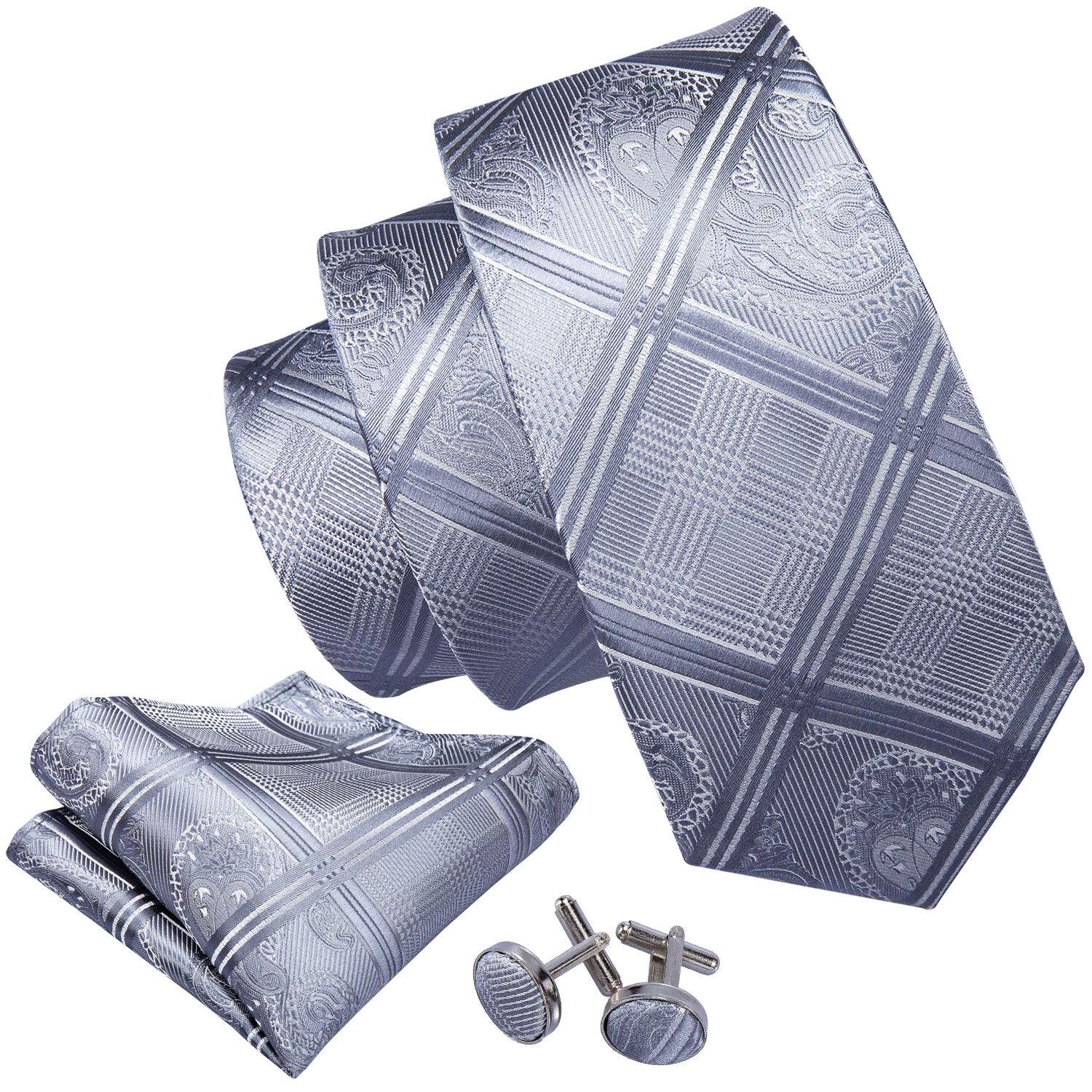 Plaid Gray Silver Silk Tie Pocket Square Cufflink Set - STYLETIE