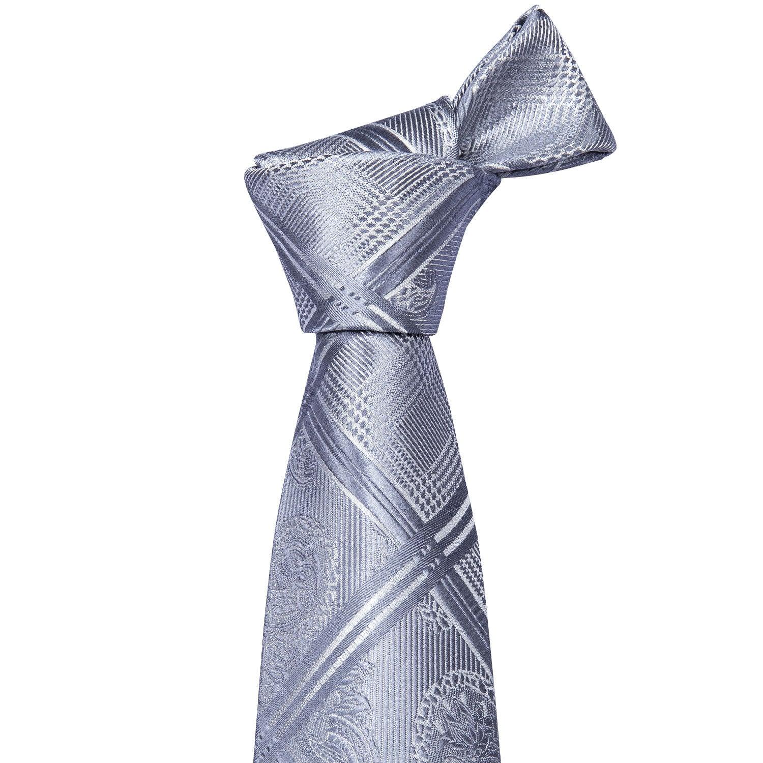 Plaid Gray Silver Silk Tie Pocket Square Cufflink Set - STYLETIE