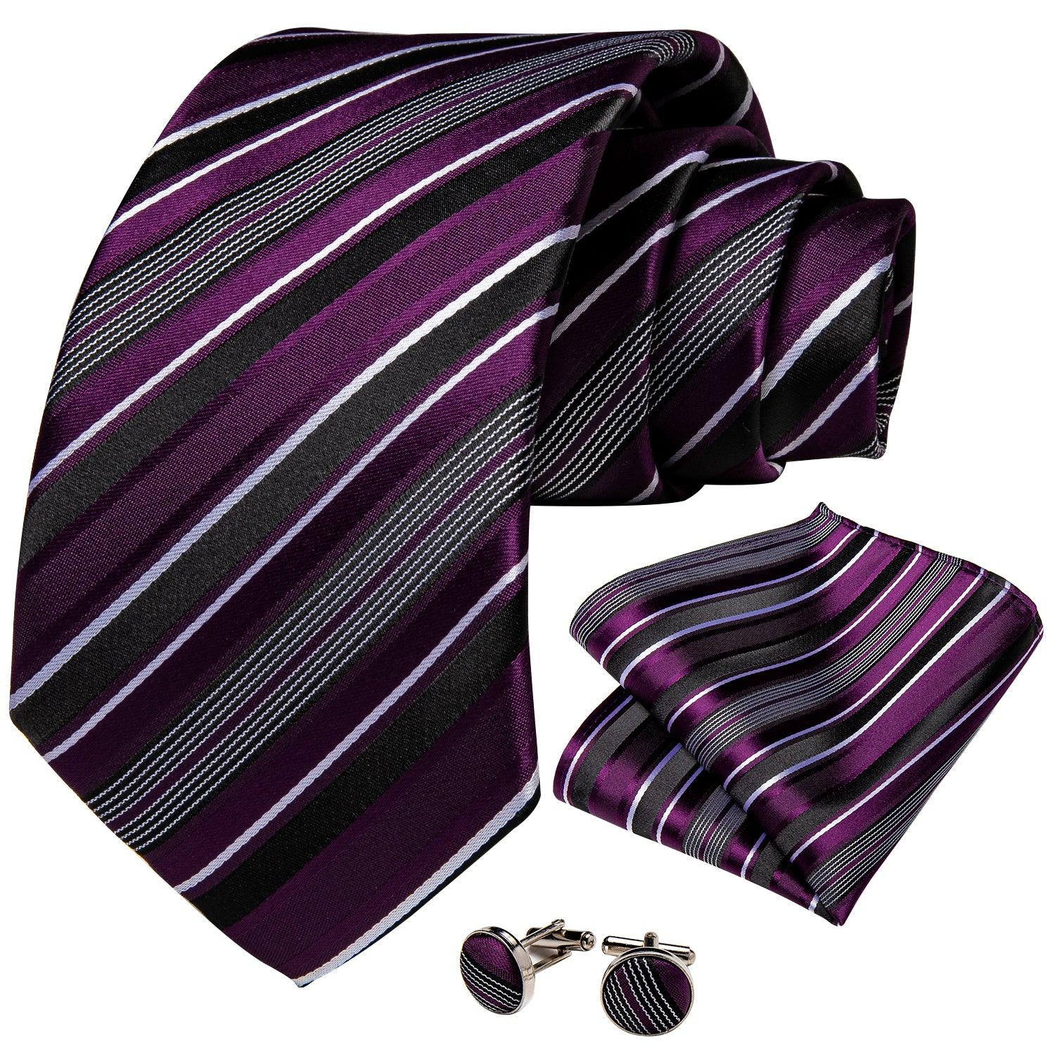 Purple Black Striped Silk Tie Pocket Square Cufflink Set - STYLETIE