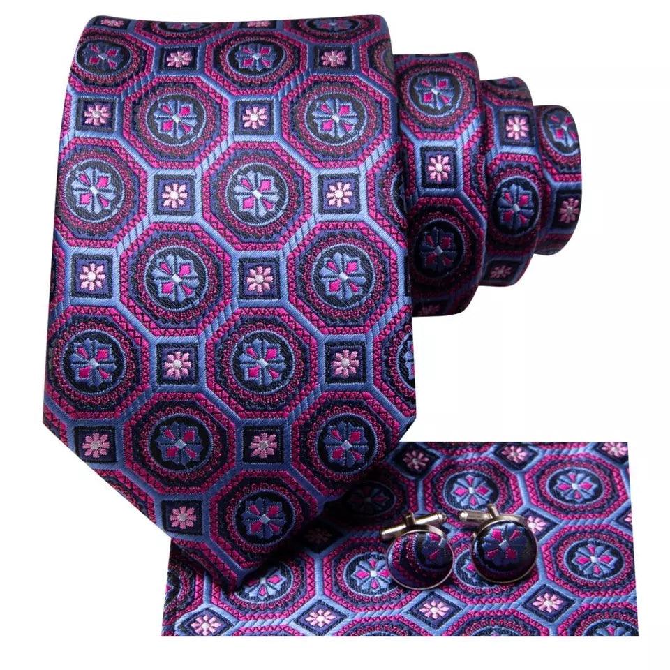Purple Blue Geometric Silk Tie Pocket Square Cufflink Set - STYLETIE
