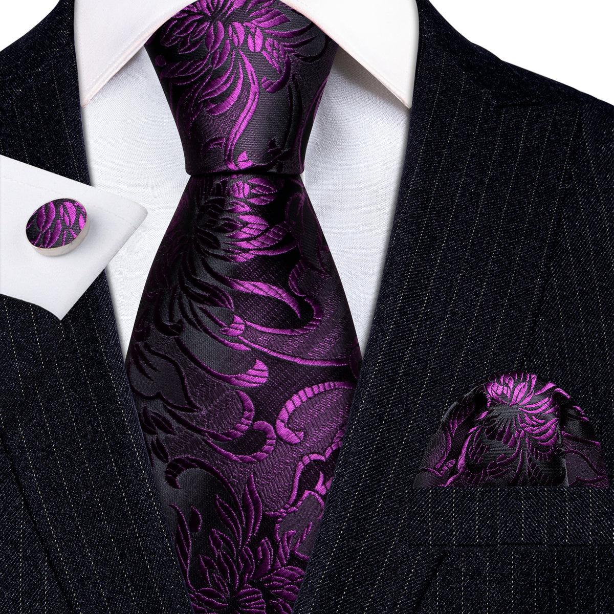 Purple Floral Paisley Silk Tie Pocket Square Cufflink Set - STYLETIE