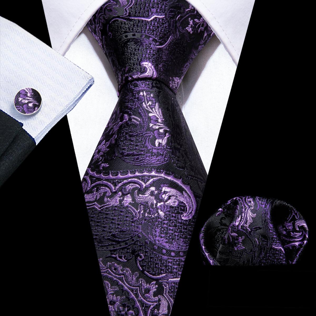 Purple Flower Silk Tie Pocket Square Cufflink Set - STYLETIE