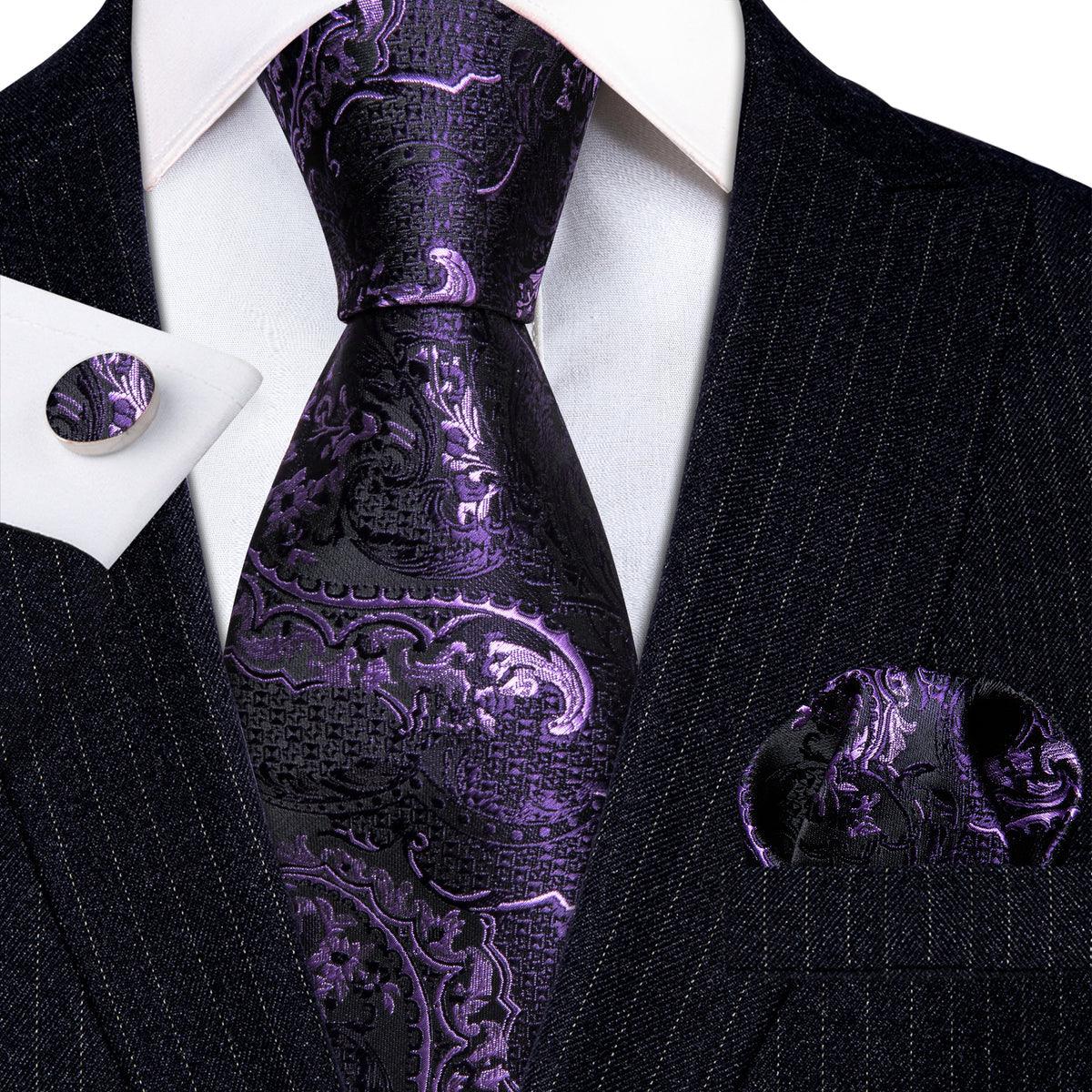 Purple Flower Silk Tie Pocket Square Cufflink Set - STYLETIE