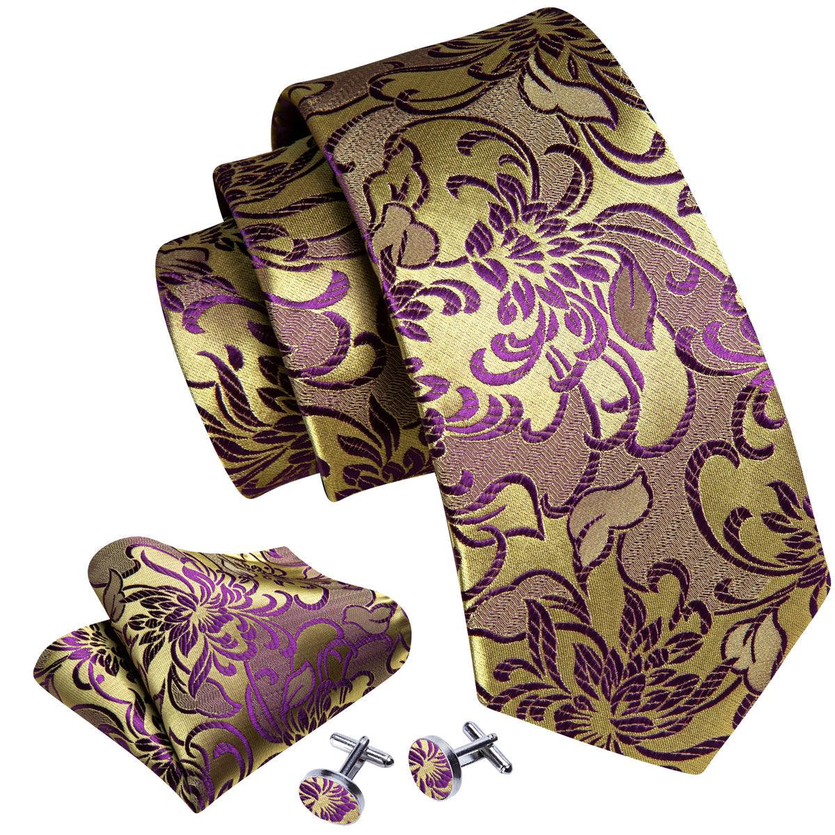 Purple Gold Floral Silk Tie Pocket Square Cufflink Set - STYLETIE