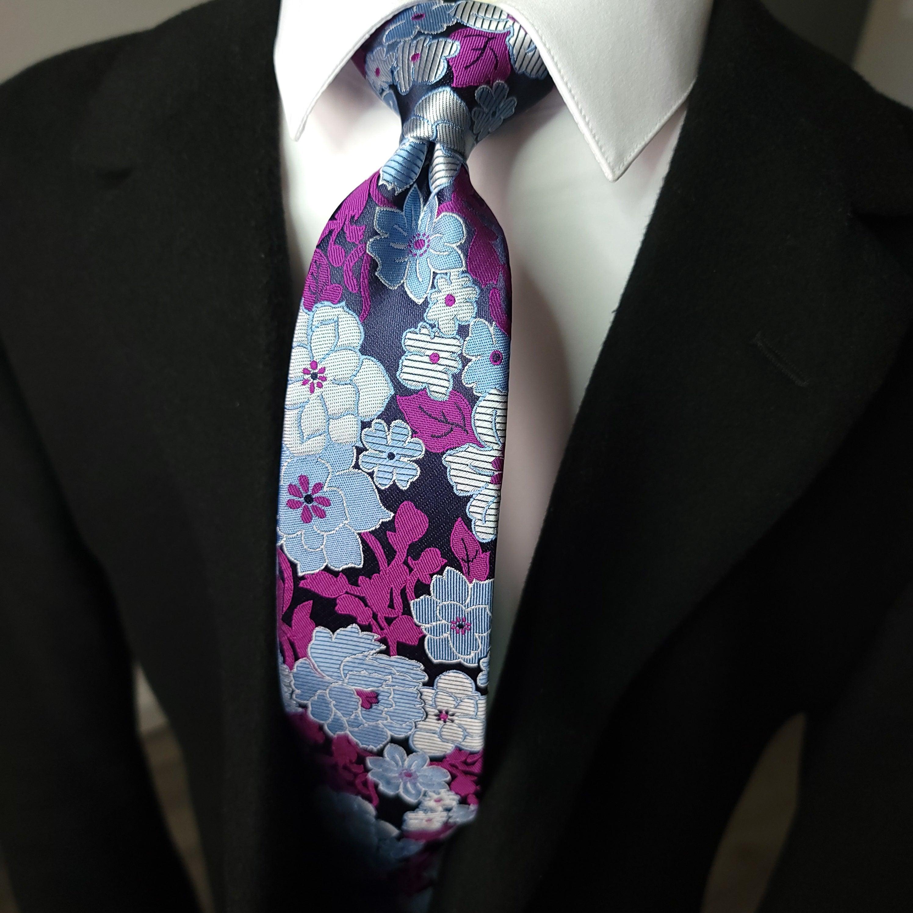Purple Gray Floral Silk Tie Pocket Square Set - STYLETIE