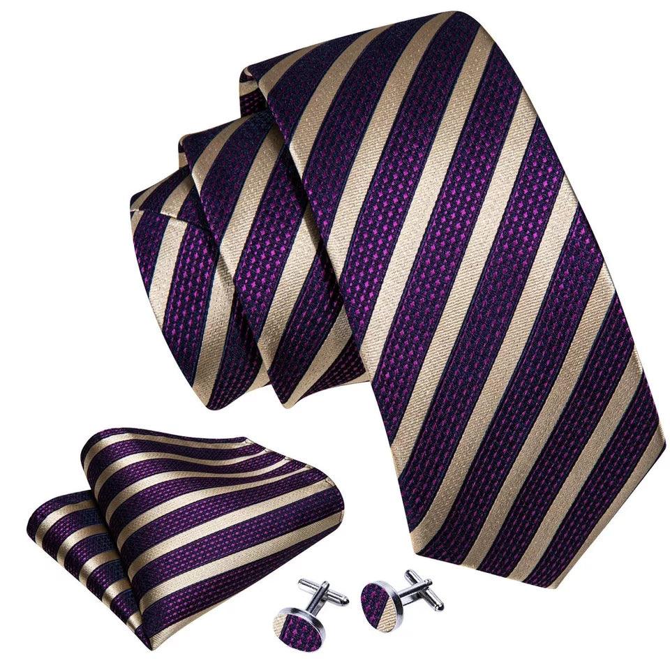 Purple Khaki Striped Silk Tie Pocket Square Cufflink Set - STYLETIE
