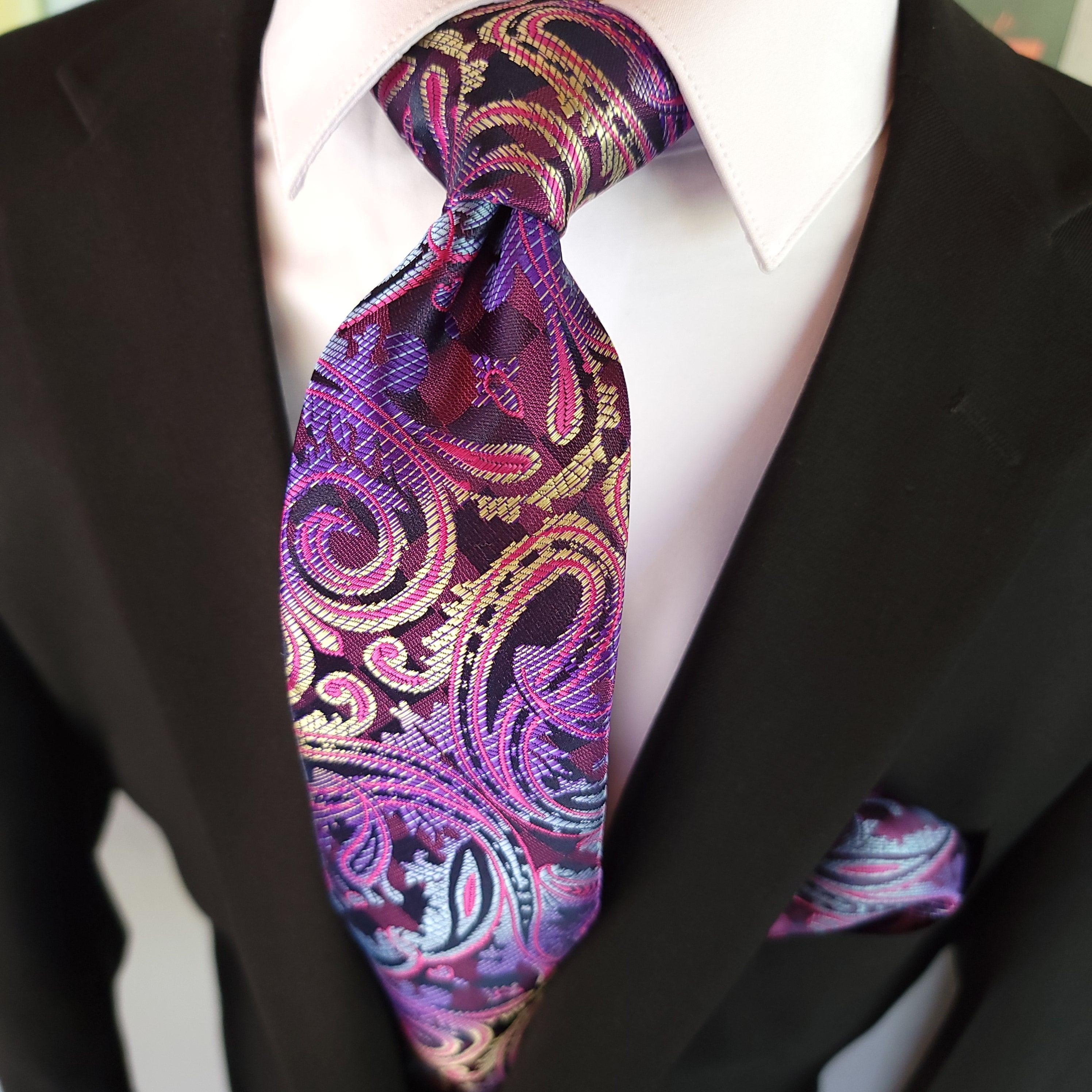 Purple Paisley Luxury Silk Tie Pocket Square Cufflinks Set - STYLETIE