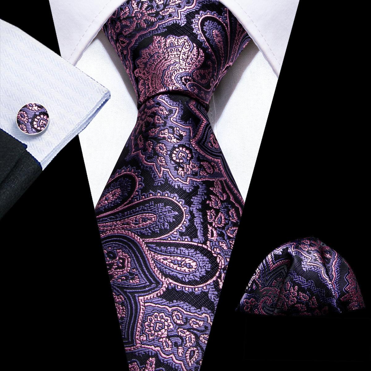 Purple Pink Paisley Silk Tie Pocket Square Cufflink Set - STYLETIE