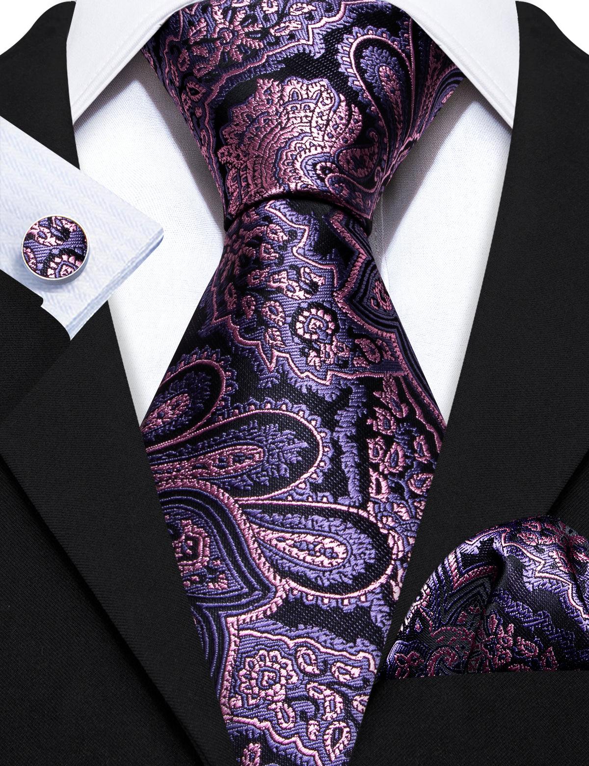 Purple Pink Paisley Silk Tie Pocket Square Cufflink Set - STYLETIE