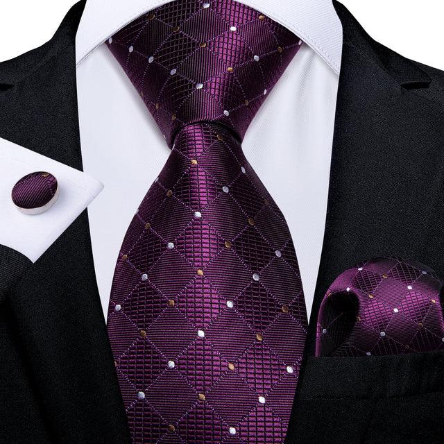 Purple Plaid Polka Dot Silk Tie Pocket Square Cufflink Set - STYLETIE