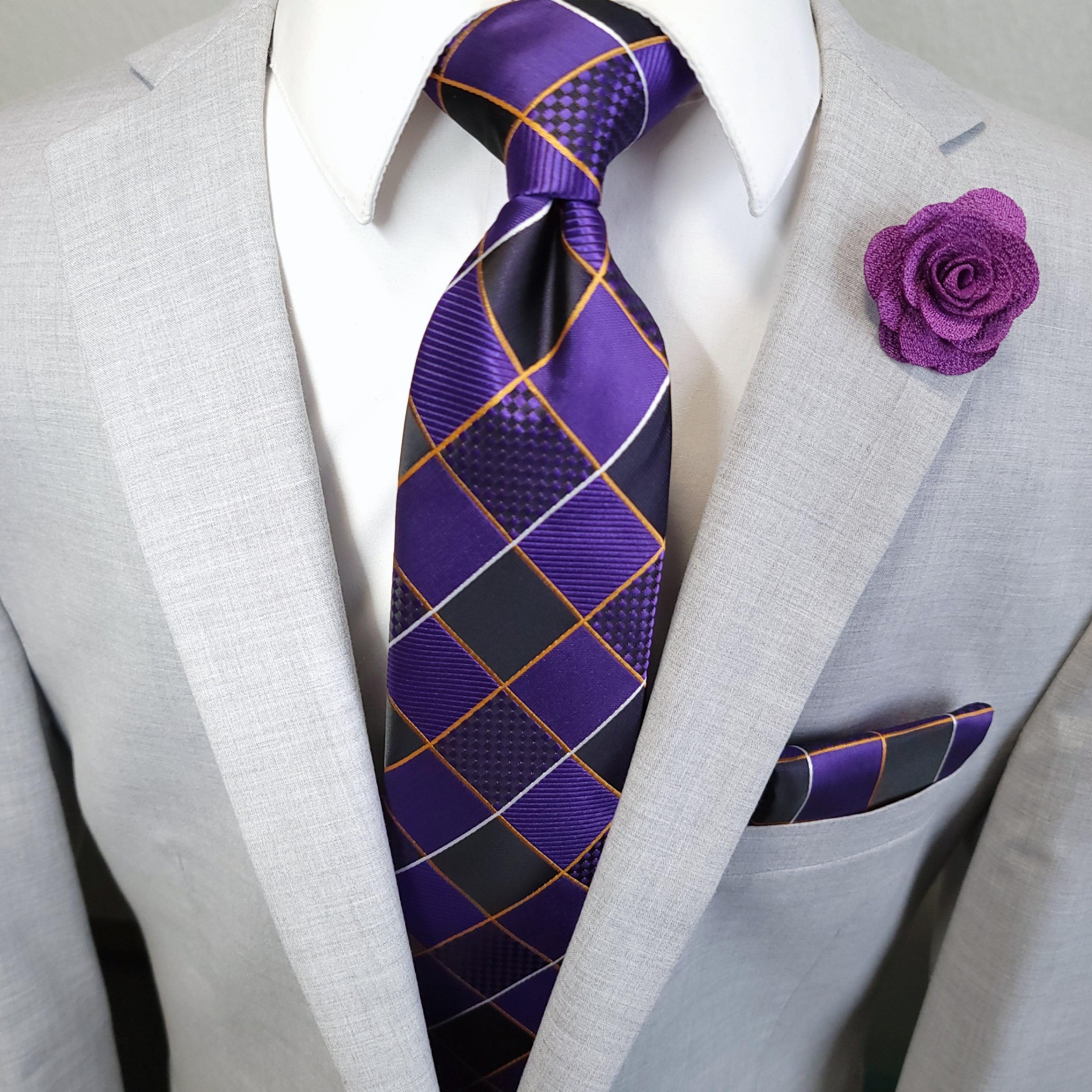 Purple Plaid Silk Tie Pocket Square Cufflink Set - STYLETIE
