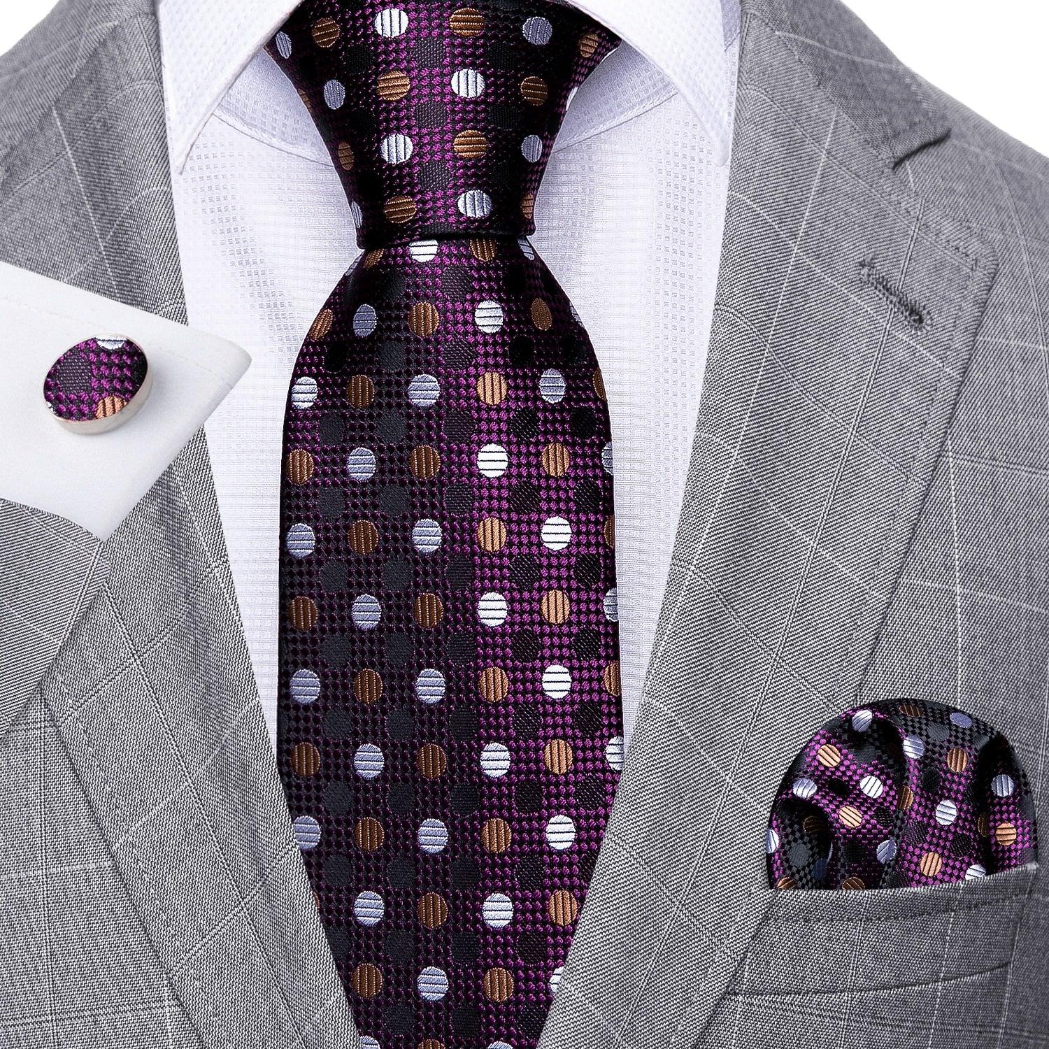 Purple Polka Dot Silk Tie Pocket Square Cufflink Set