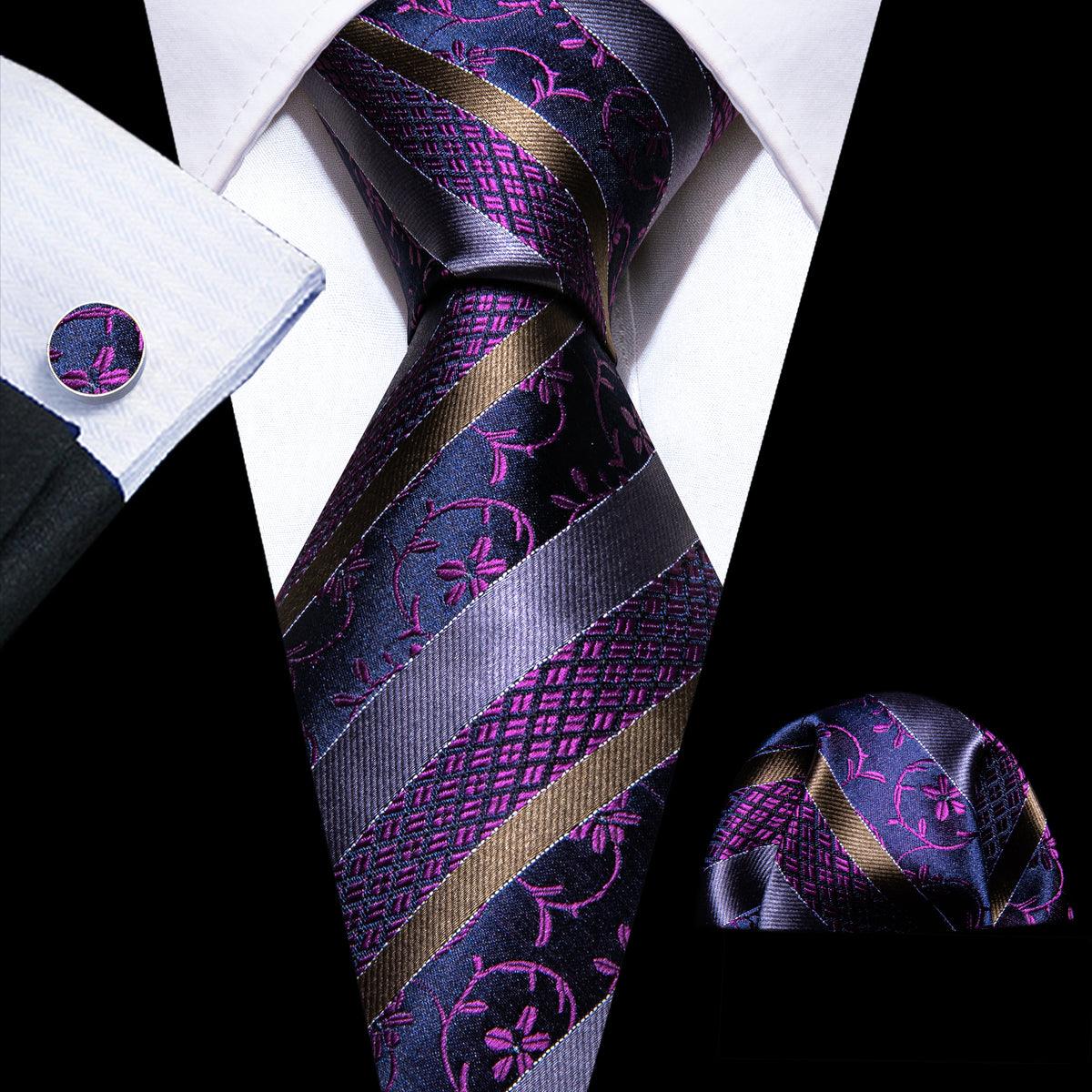 Purple Stripe Floral Silk Tie Pocket Square Cufflink Set - STYLETIE