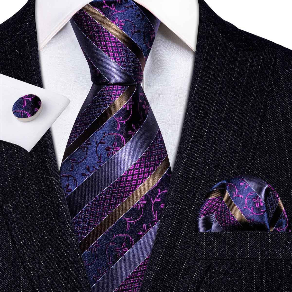 Purple Stripe Floral Silk Tie Pocket Square Cufflink Set - STYLETIE