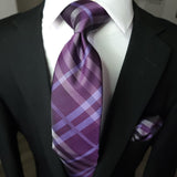 Purple Stripe Silk Tie Pocket Square Cufflink Set