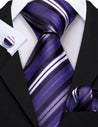 Purple White Stripe Silk Tie Pocket Square Cufflink Set - STYLETIE