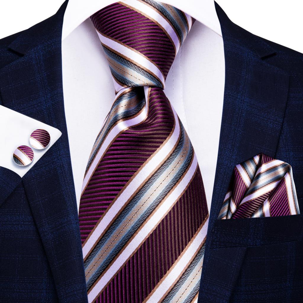 Purple White Striped Silk Tie Pocket Square Cufflink Set - STYLETIE