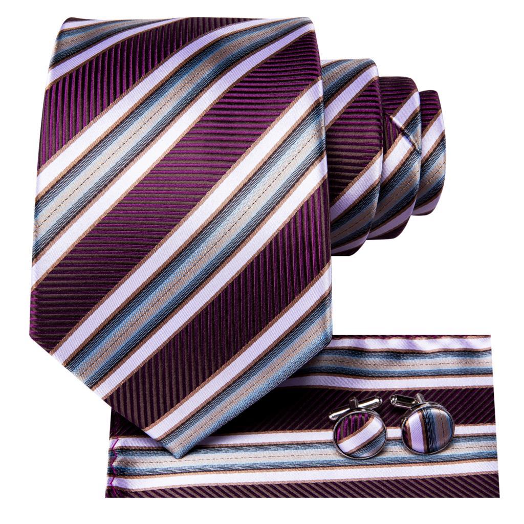 Purple White Striped Silk Tie Pocket Square Cufflink Set - STYLETIE