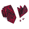 Red Black Floral Silk Tie Pocket Square Cufflink Set - STYLETIE