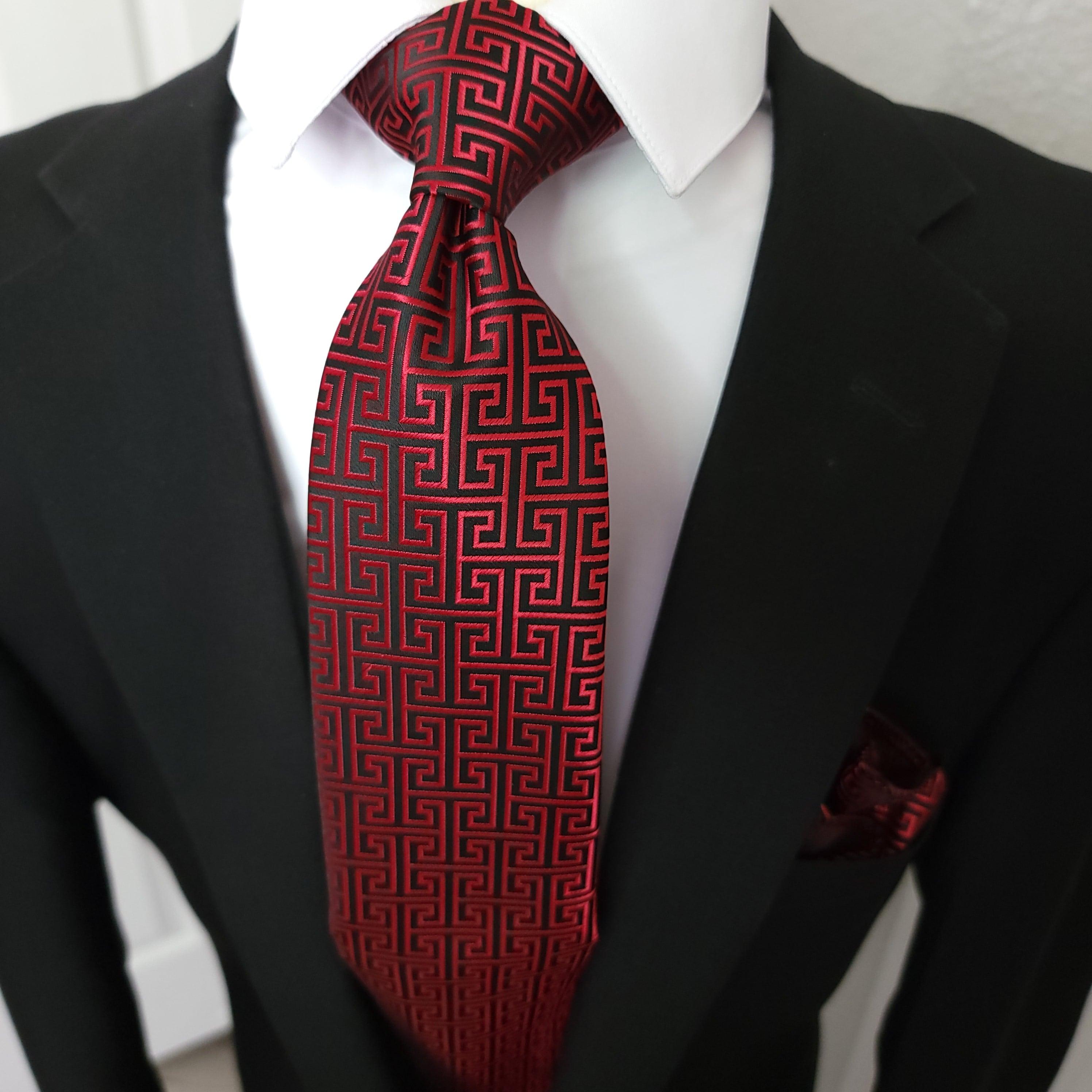 Red Black Geometric Silk Tie Pocket Square Cufflink Set - STYLETIE