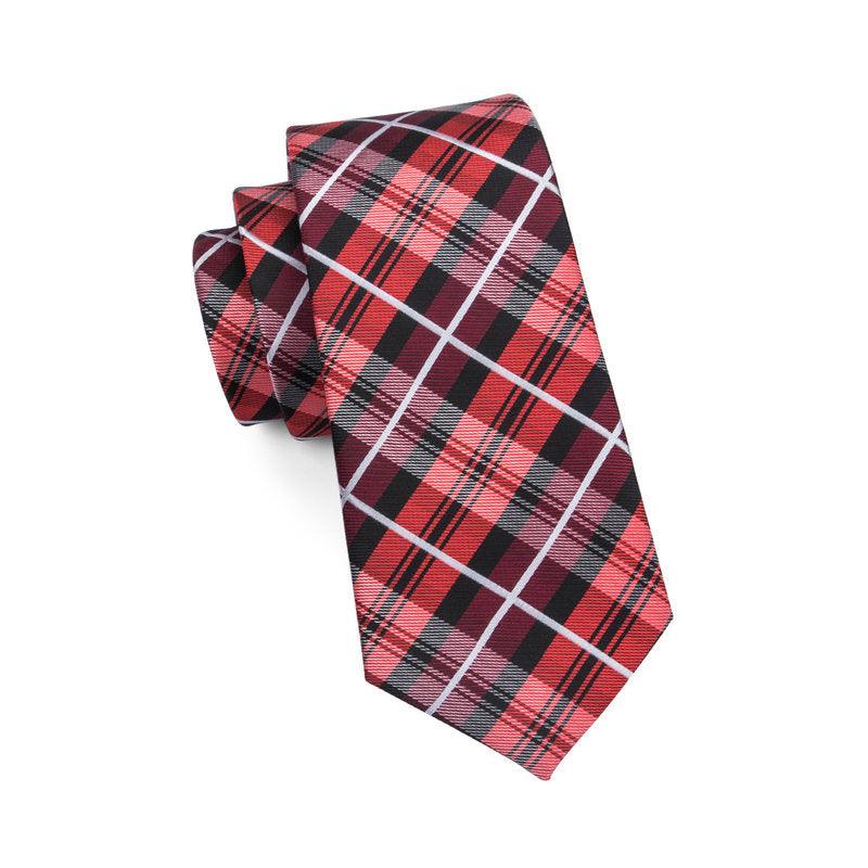Red Black Plaid Silk Tie Pocket Square Cufflink Set - STYLETIE