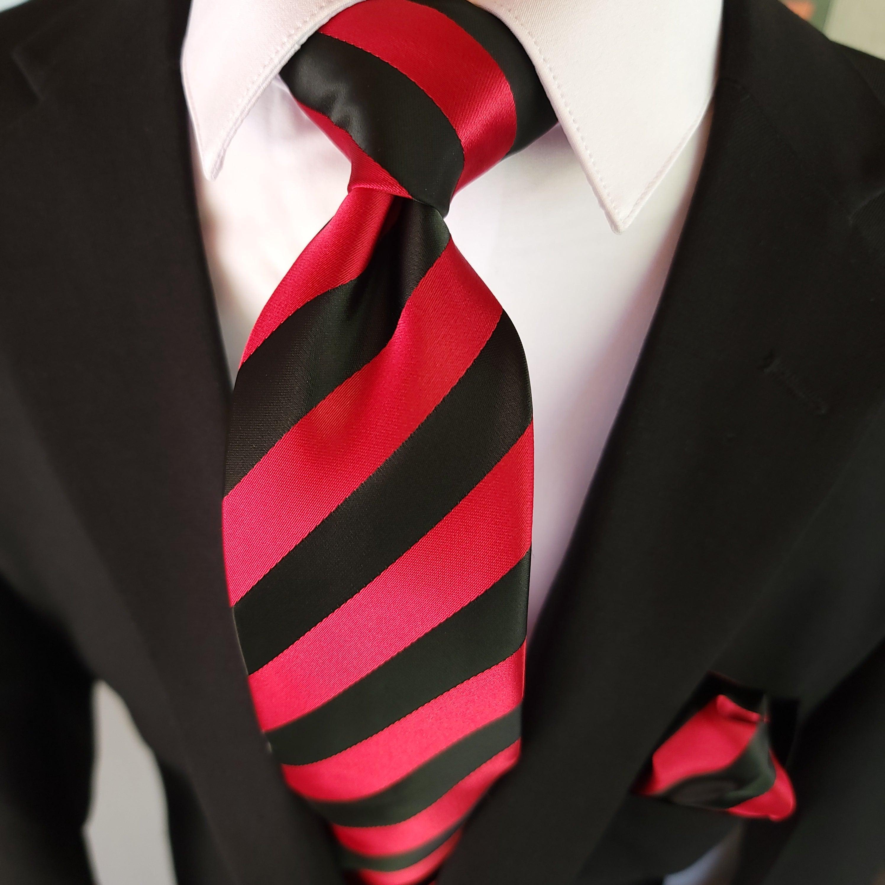 Red Black Stripe Silk Tie Pocket Square Cufflink Set - STYLETIE