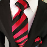 Red Black Stripe Silk Tie Pocket Square Cufflink Set