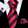 Red Black Stripe Silk Tie Pocket Square Cufflink Set - STYLETIE