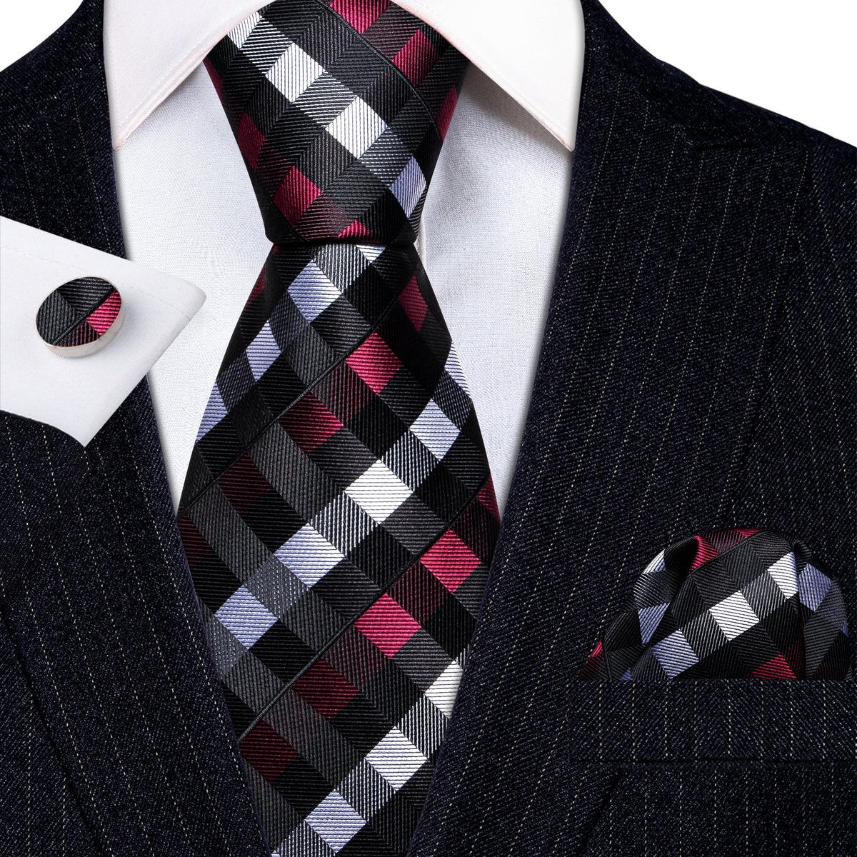 Red Black White Plaid Silk Tie Pocket Square Cufflink Set - STYLETIE