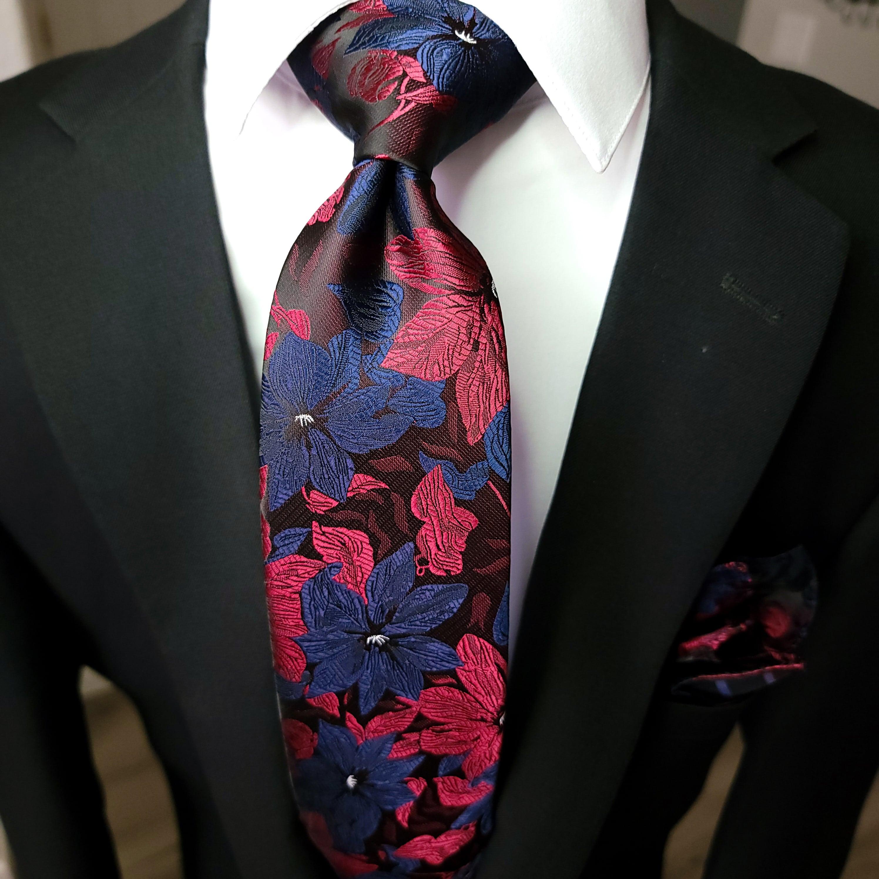 Red Blue Floral Silk Tie Pocket Square Cufflinks Set - STYLETIE