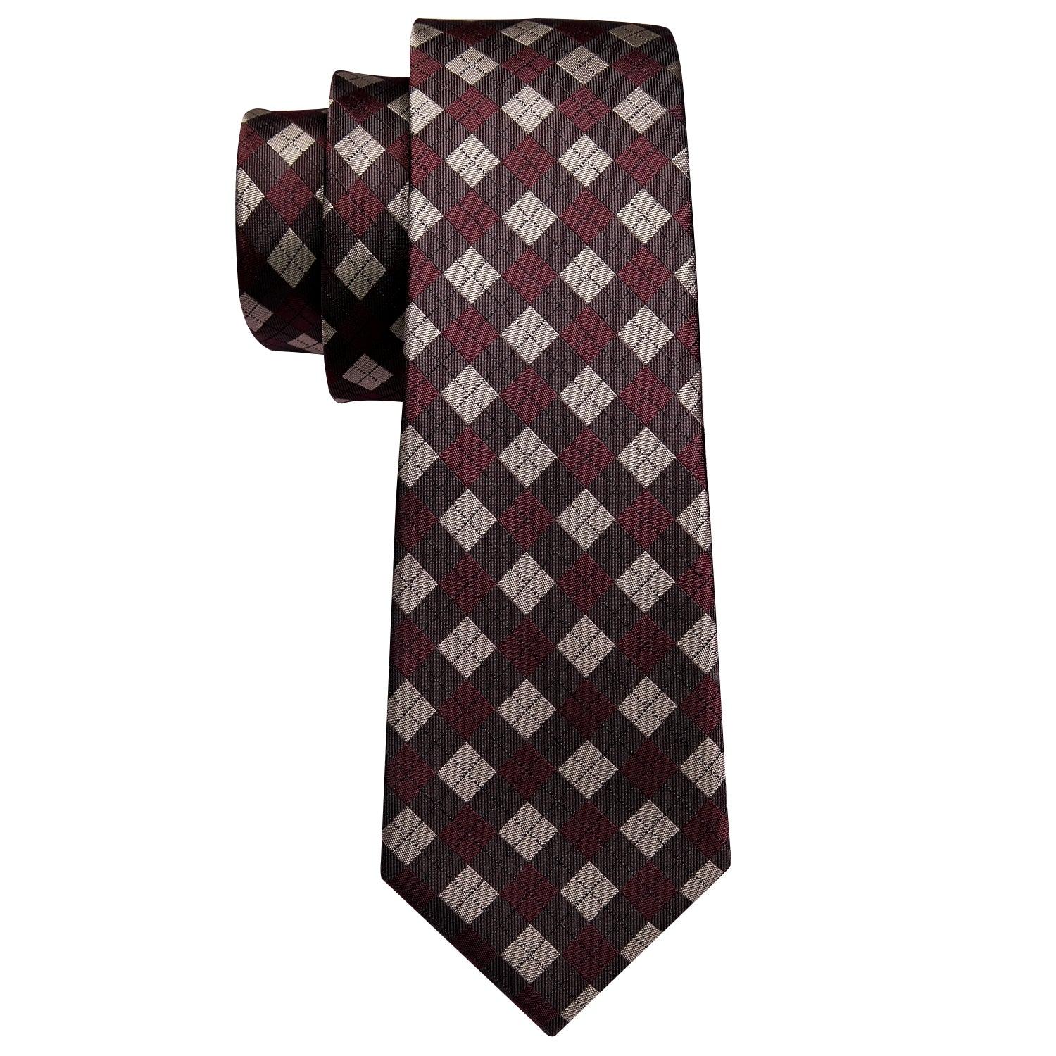 Red Brown Plaid Silk Tie Pocket Square Cufflink Set - STYLETIE