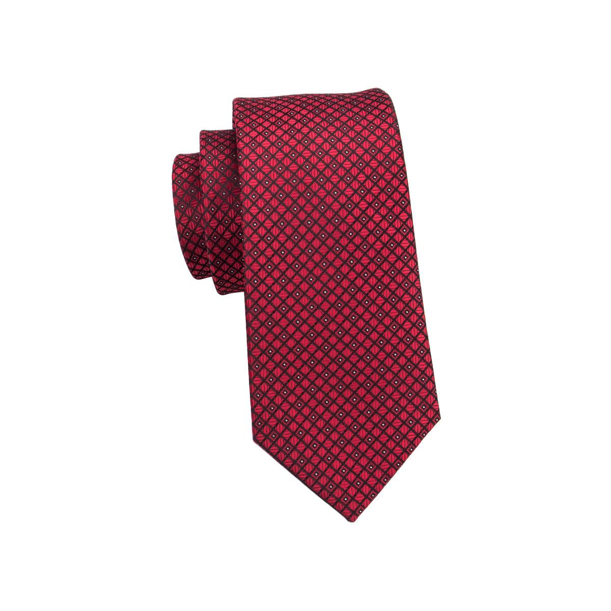 Red Burgundy Plaid Silk Tie Pocket Square Cufflink Set - STYLETIE