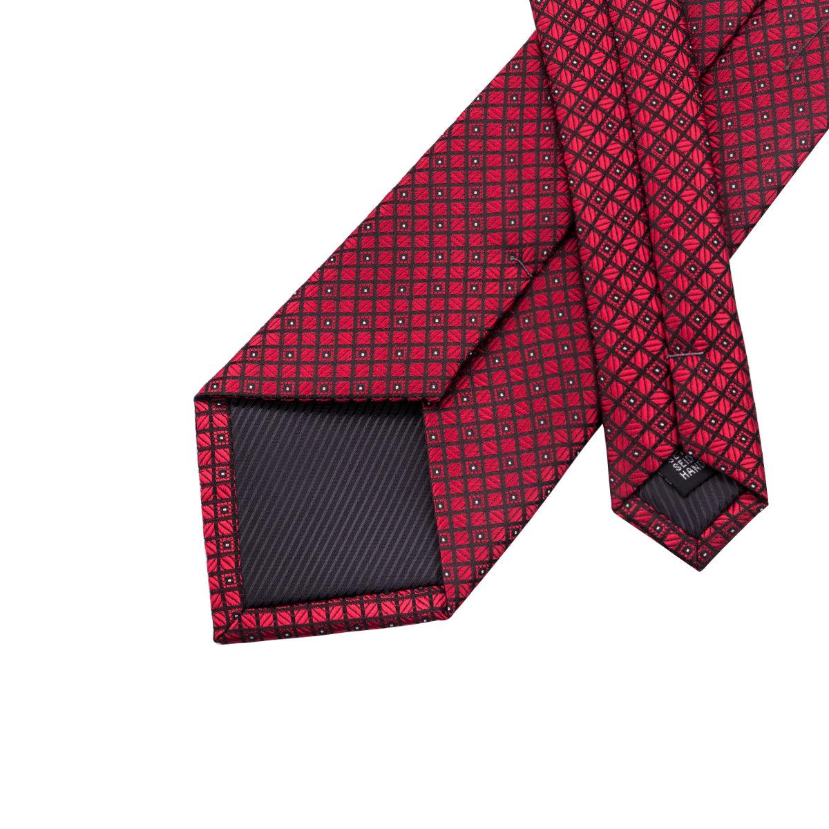 Red Burgundy Plaid Silk Tie Pocket Square Cufflink Set - STYLETIE