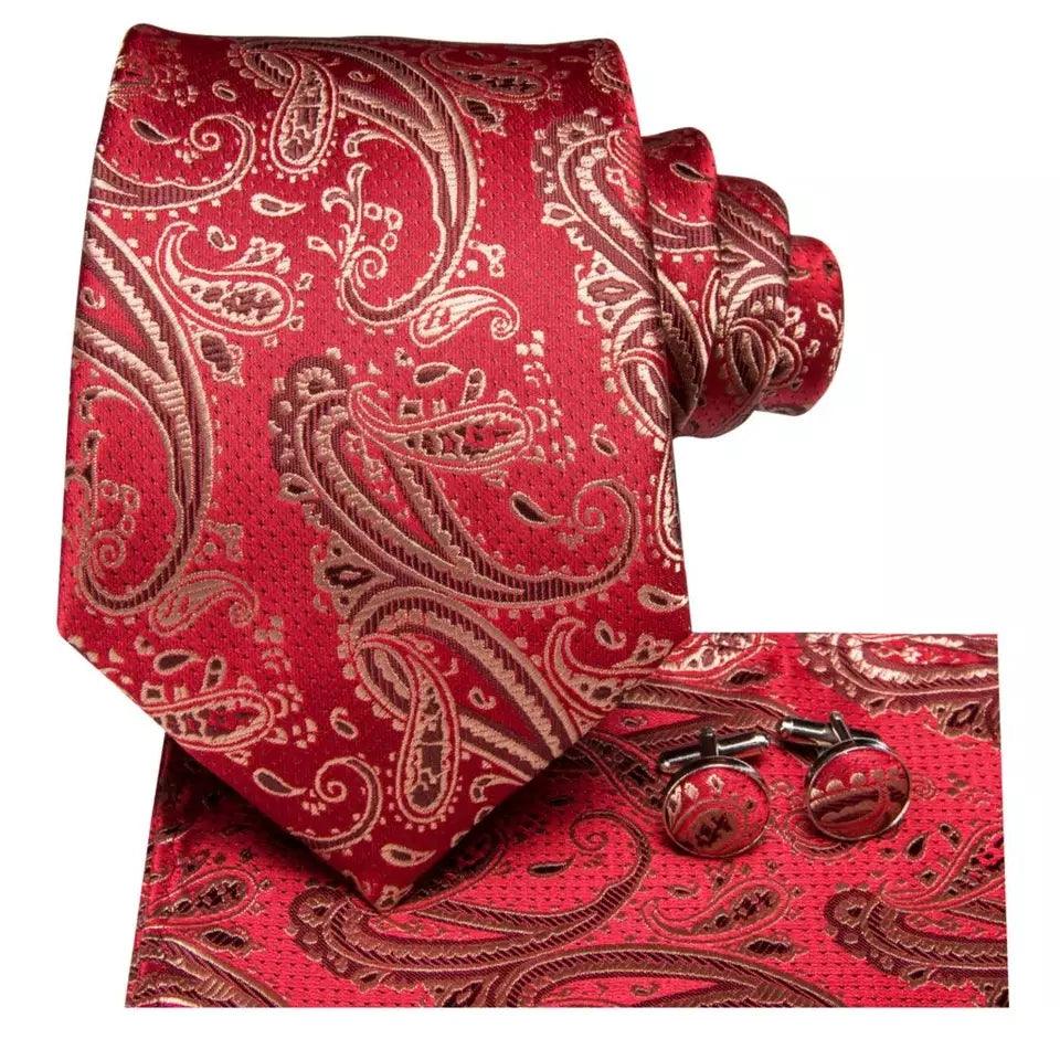 Red Gold Paisley Silk Tie Pocket Square Cufflinks Set - STYLETIE