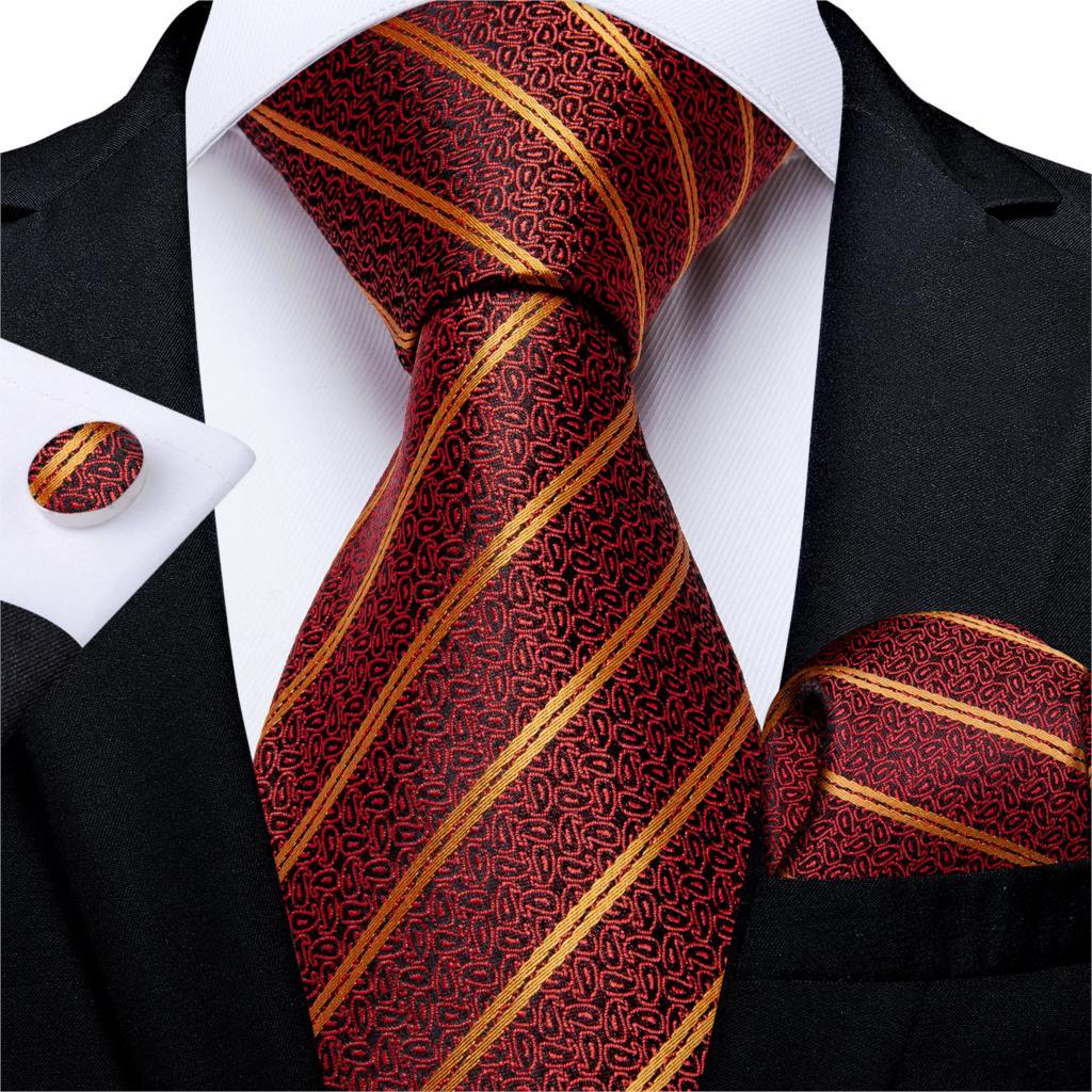 Red Gold Striped Silk Tie Set of Pocket Square and Cufflinks - STYLETIE