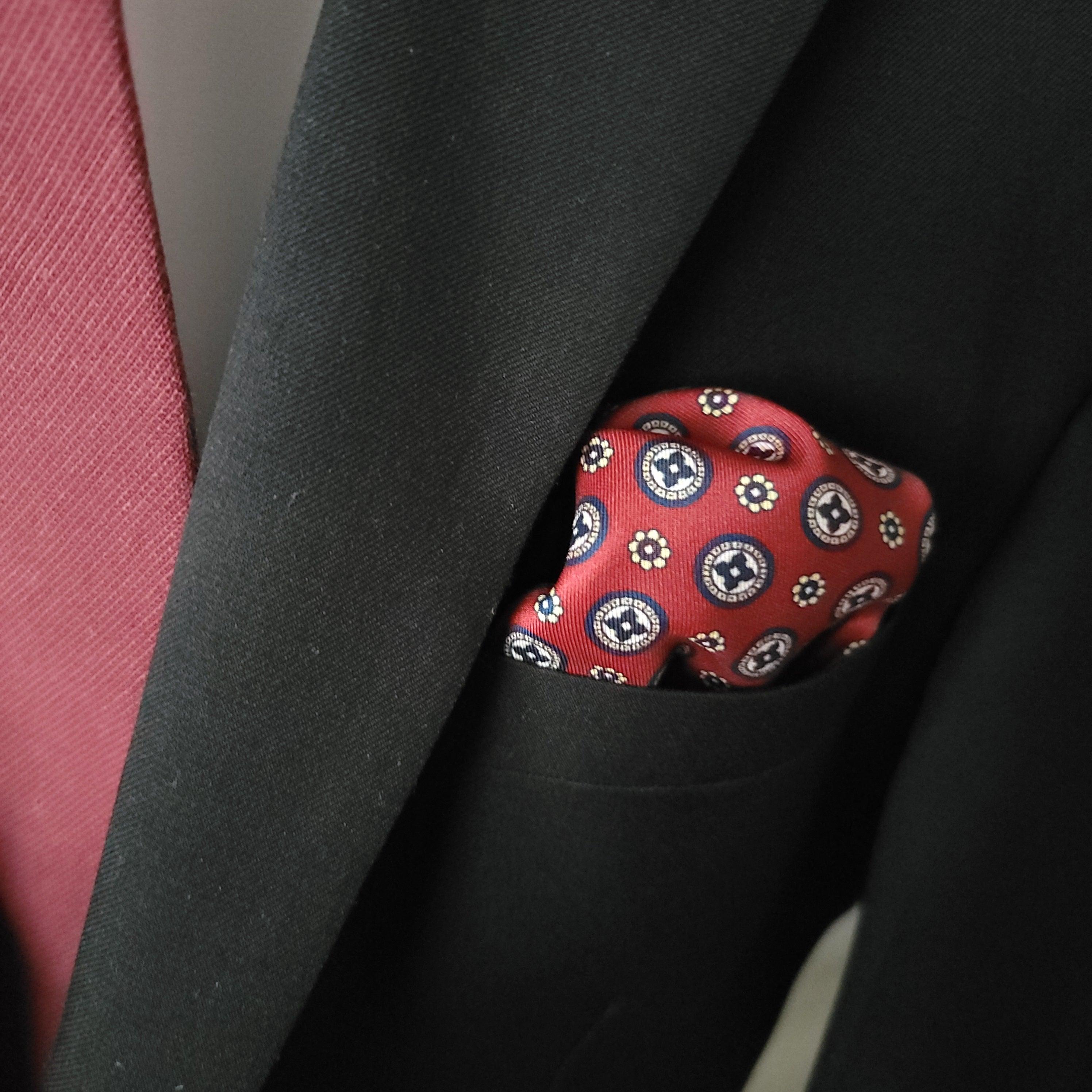 Red Navy Blue Floral Stylish and Elegant Silk Pocket Square - STYLETIE