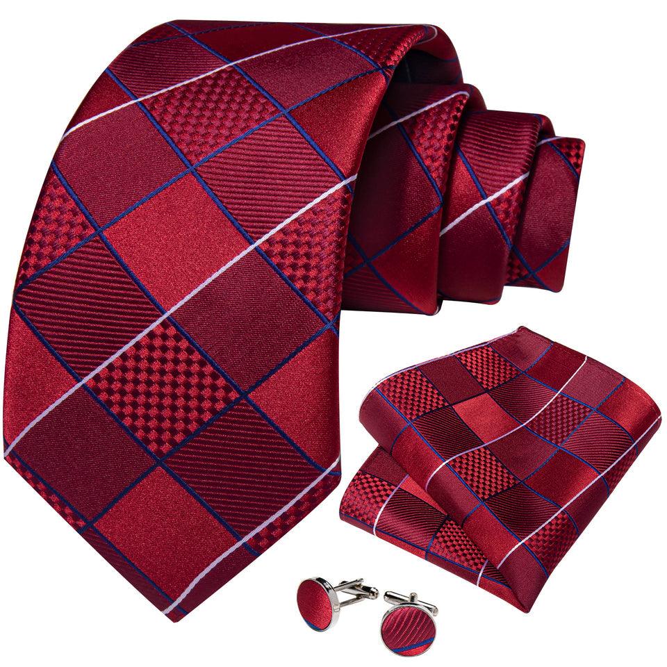 Red Plaid Silk Tie Pocket Square Cufflink Set - STYLETIE