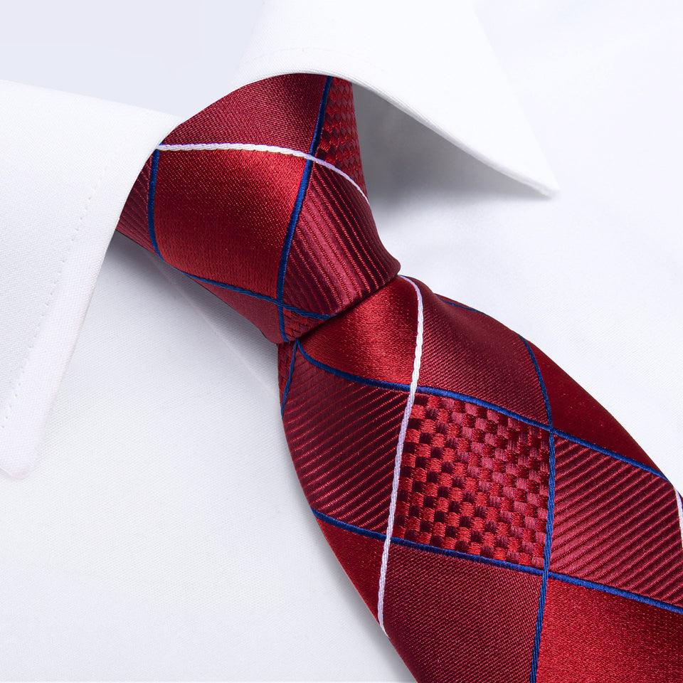 Red Plaid Silk Tie Pocket Square Cufflink Set - STYLETIE