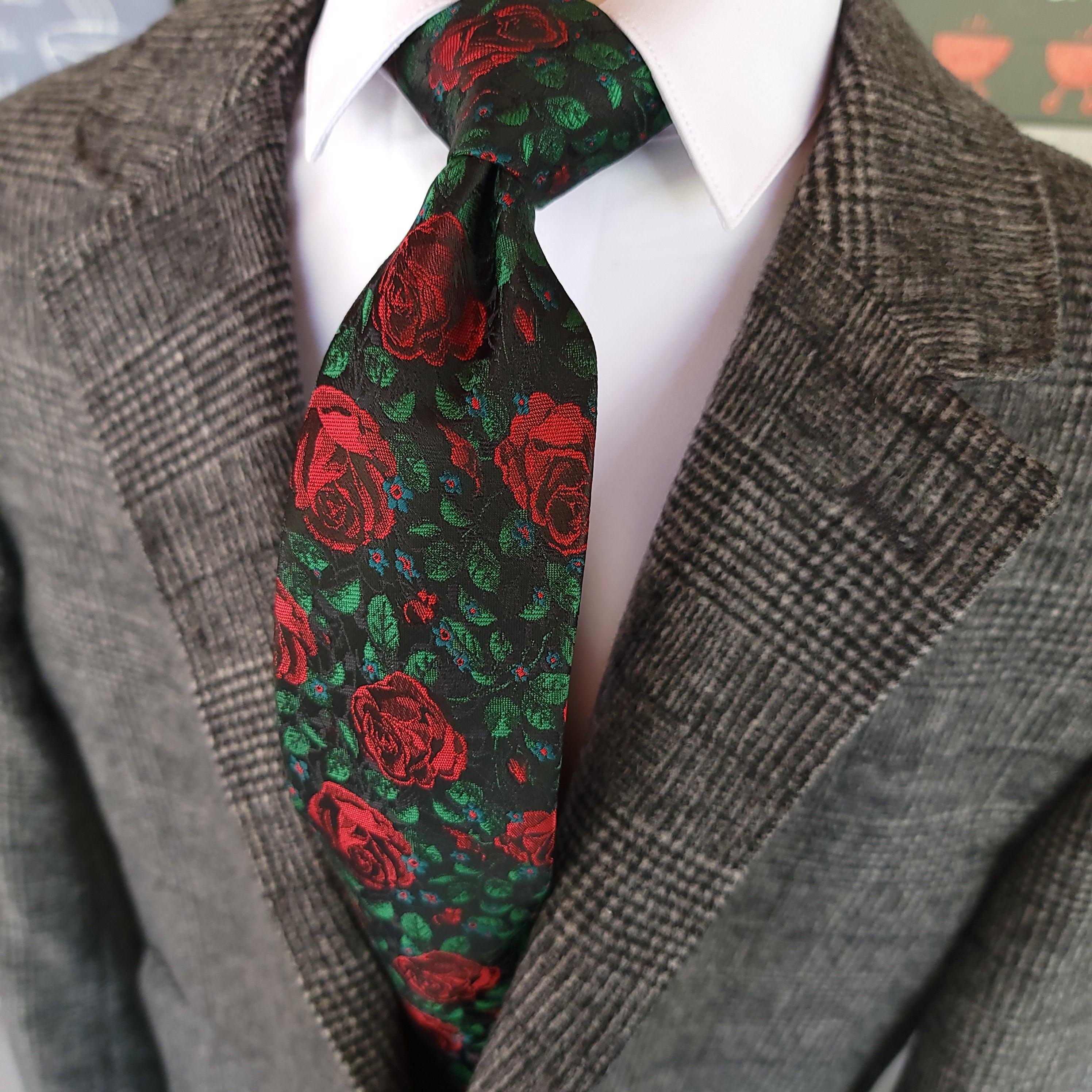 Red Rose Black Green Floral Silk Tie Pocket Square Cufflink Set - STYLETIE