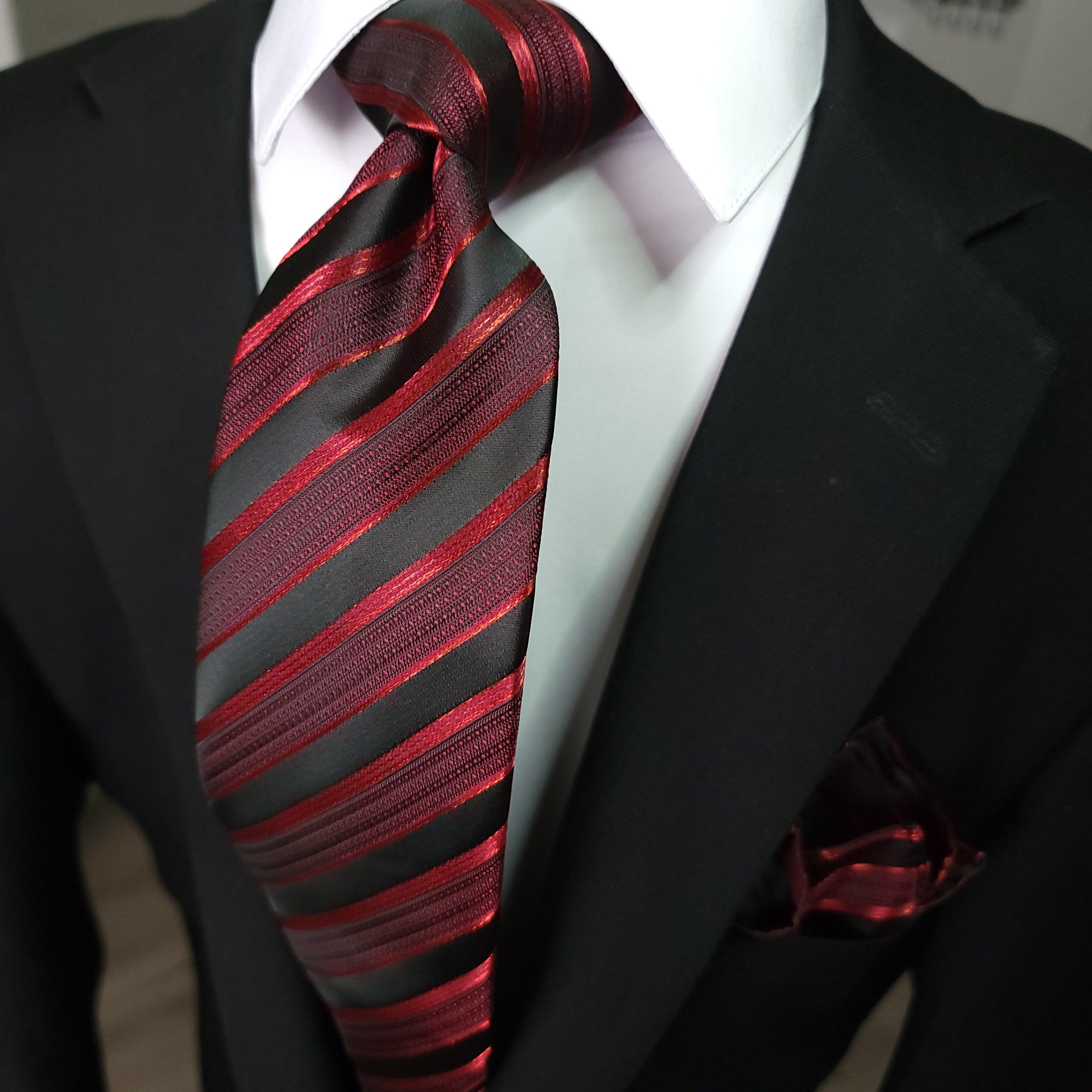 Red Striped Tie Pocket Square & Cufflinks Set - STYLETIE