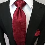Red Wine Paisley Striped Silk Tie Pocket Square Cufflinks Set