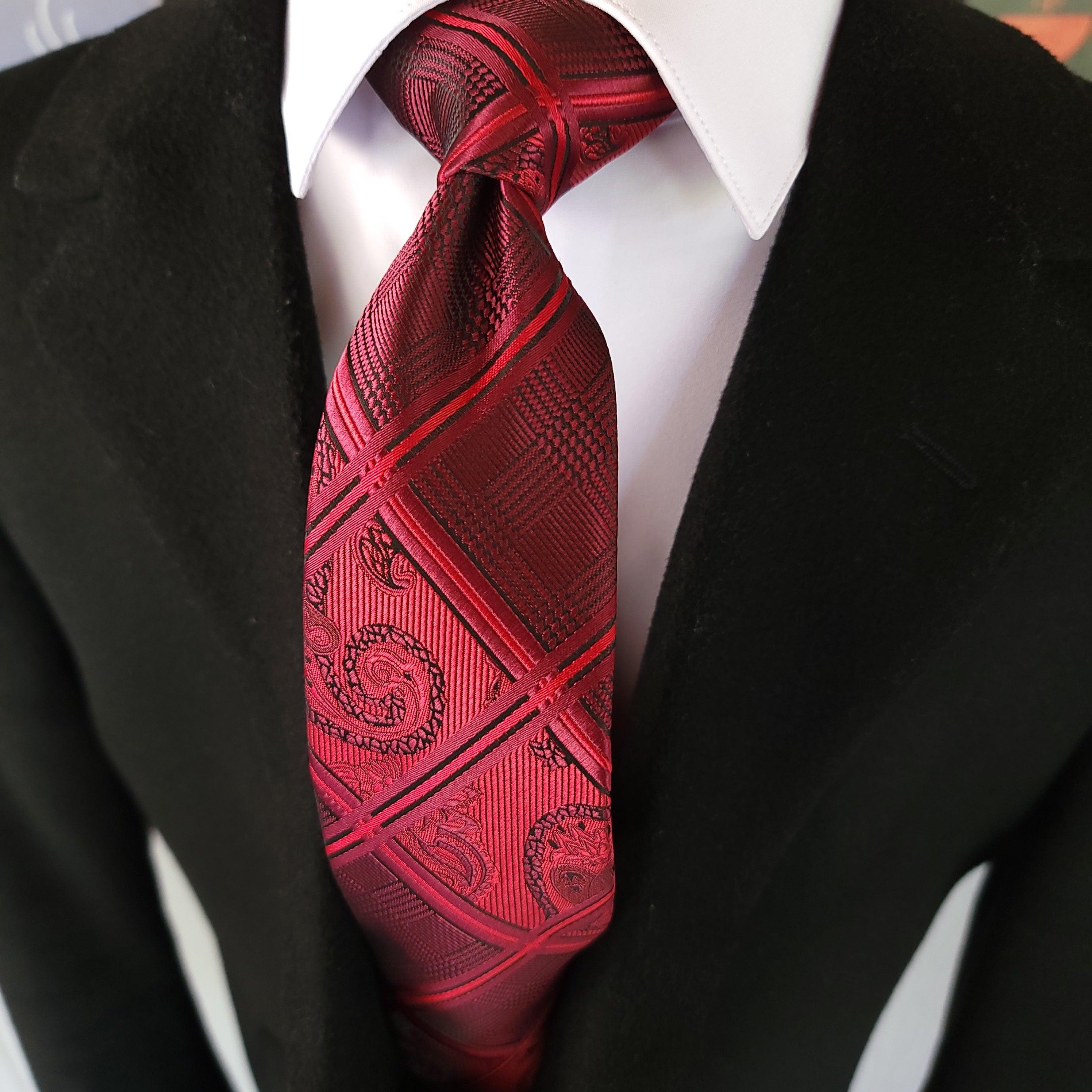 Red Wine Striped Silk Tie Pocket Square Cufflinks Set - STYLETIE