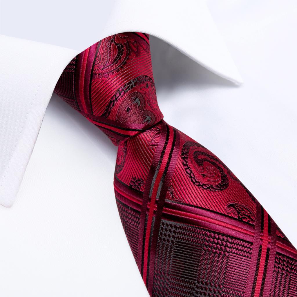 Red Wine Striped Silk Tie Pocket Square Cufflinks Set - STYLETIE