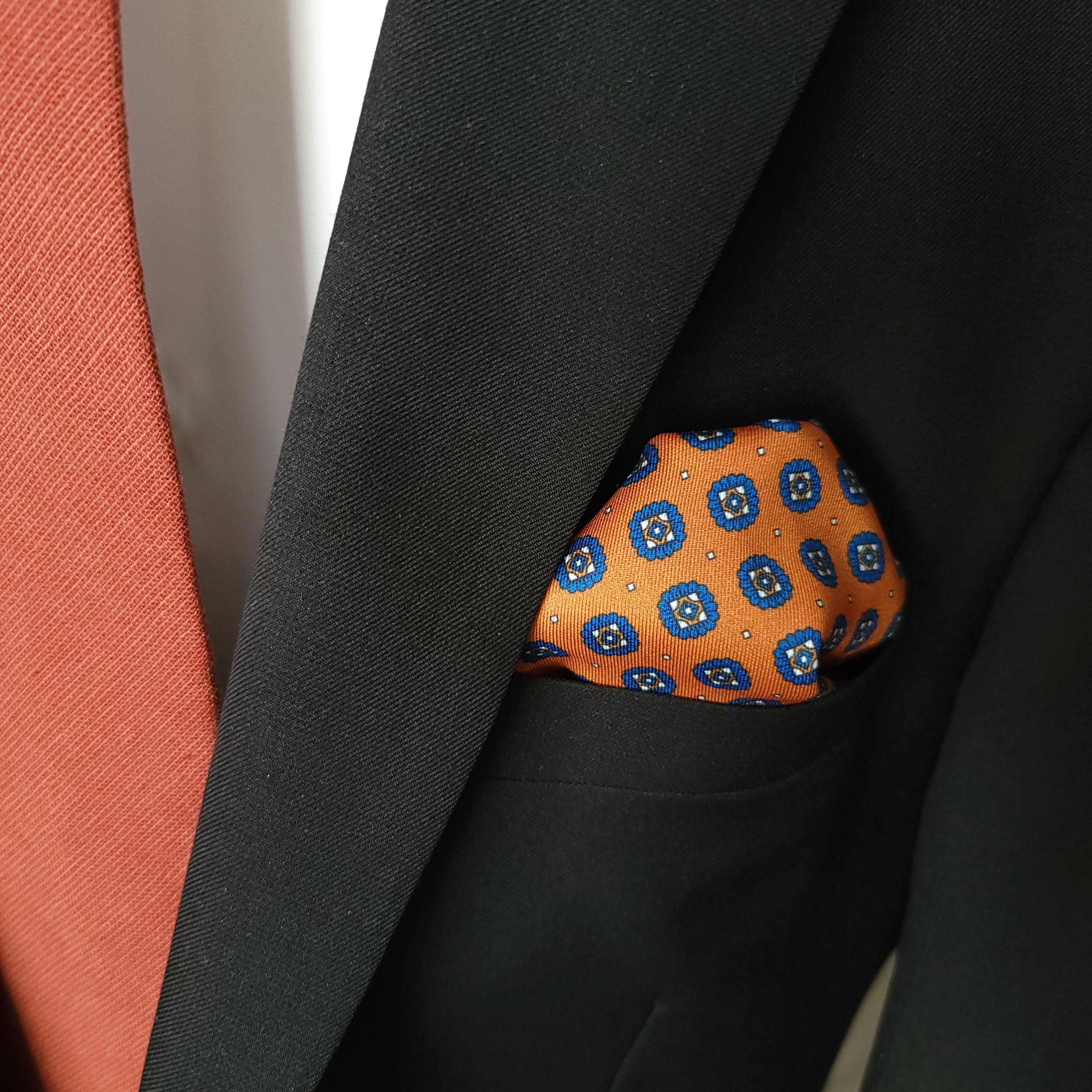 Royal Blue Orange Dot Stylish and Elegant Silk Pocket Square - STYLETIE