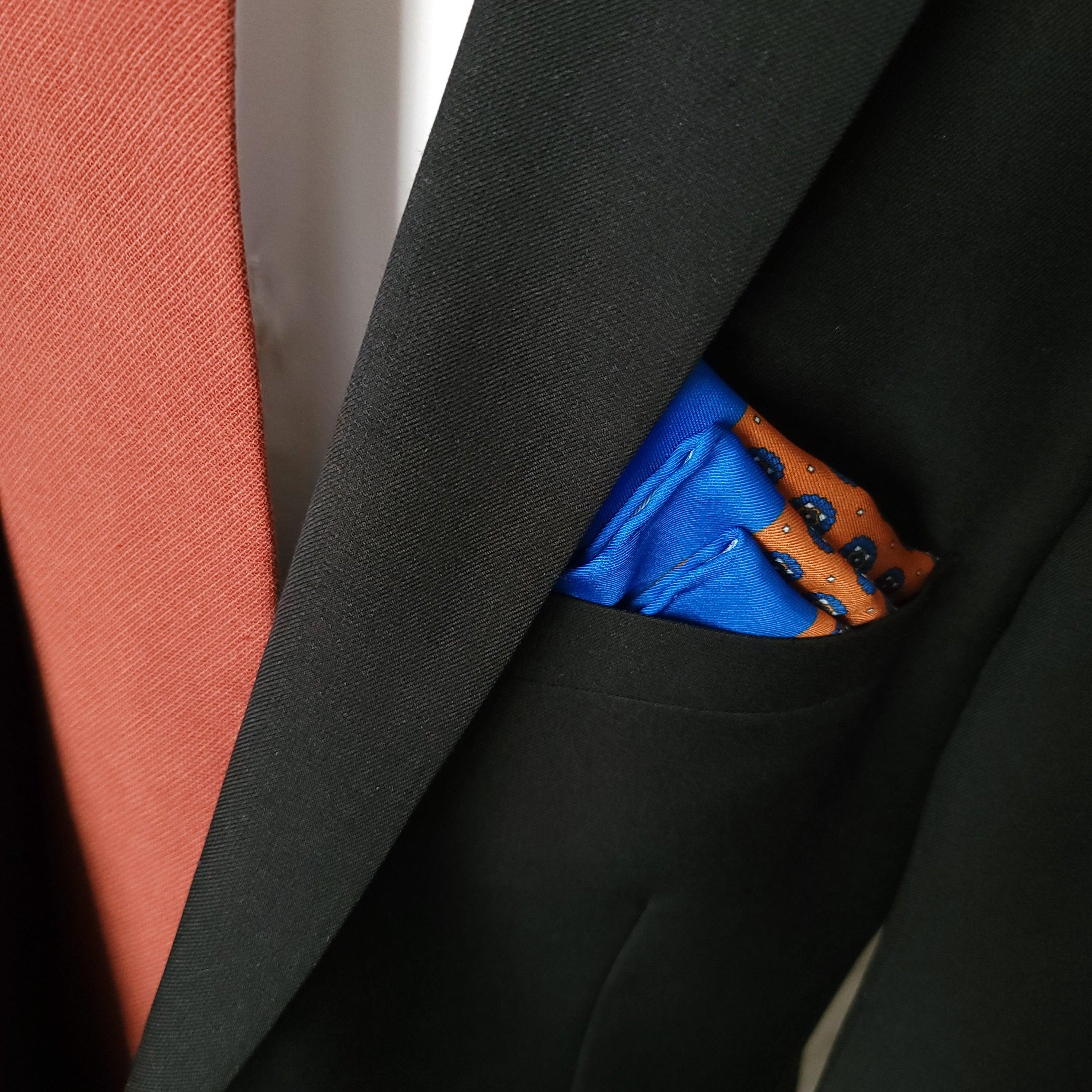 Royal Blue Orange Dot Stylish and Elegant Silk Pocket Square - STYLETIE