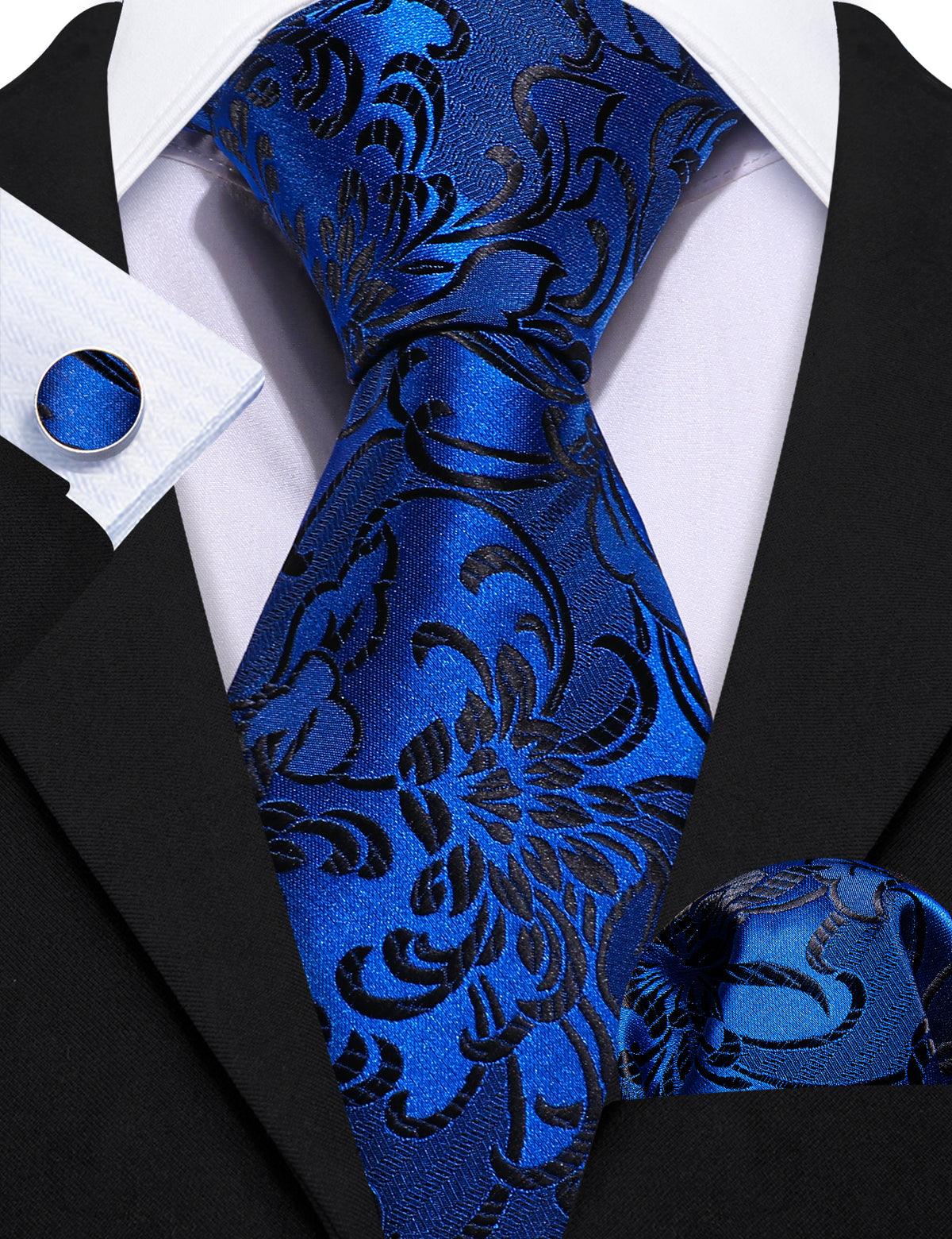 Sapphire Blue Floral Silk Tie Pocket Square Cufflink Set - STYLETIE