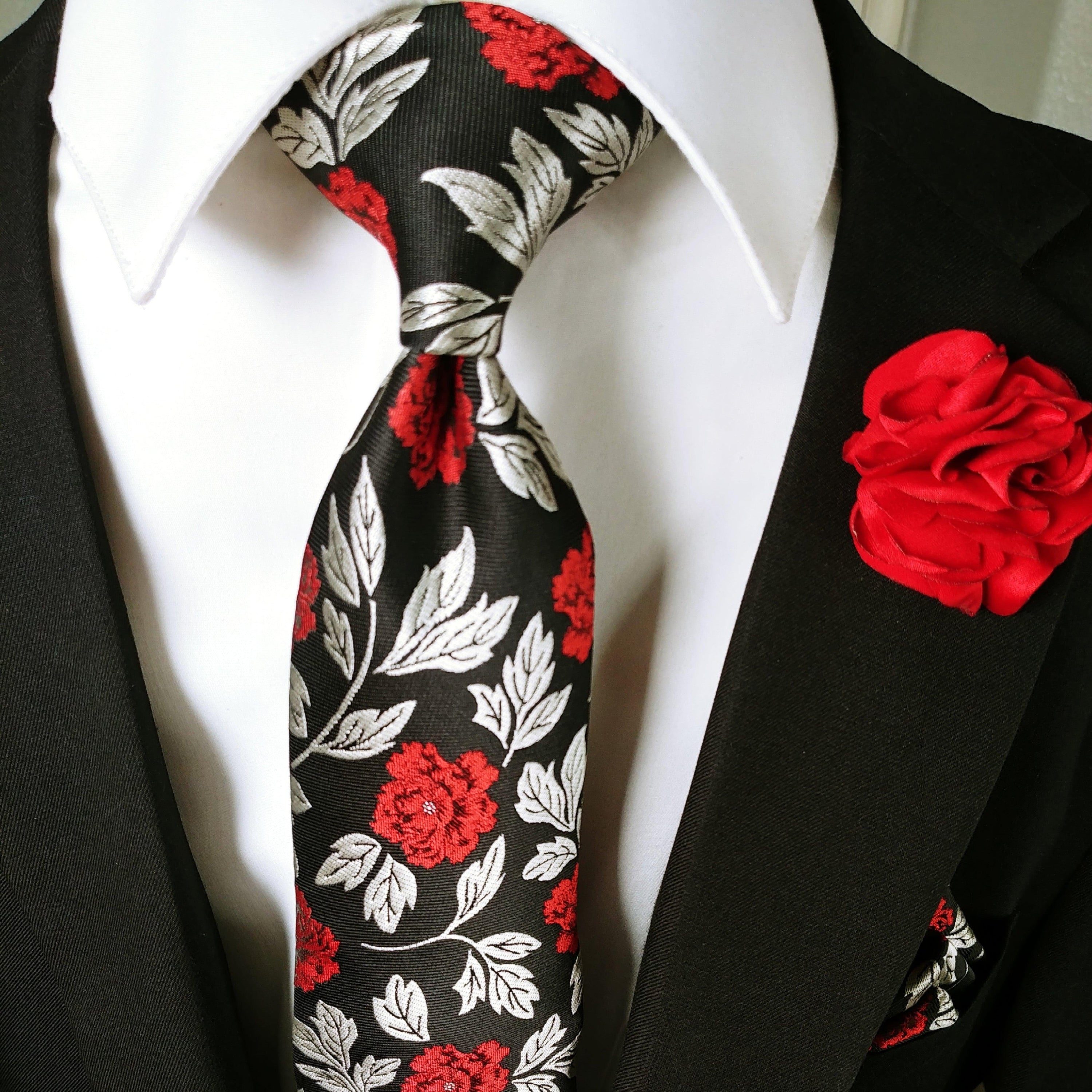 Silk Black Red Floral Tie Set of Pocket Square & Cufflinks - STYLETIE