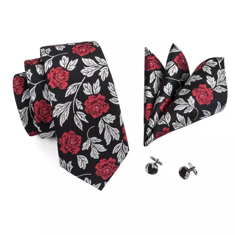 Silk Black Red Floral Tie Set of Pocket Square & Cufflinks - STYLETIE